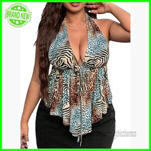 Plus Size Halter Top Peplum Ruffle Asymmetrical Summer Y2k Animal Print